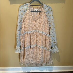 Women’s Blu Pepper Mixed Floral Print Baby Doll Tiered Dress in Blue and Pink.